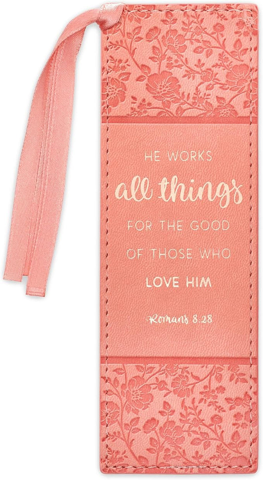 Christian Art Gifts Premium Vegan Leather Scripture Bookmark for Women: He Works All Things - Roman 8:28 Inspirational Bible Verse Heat-Debossed Reading Book Accessory with Ribbon Tassel, Peach Floral