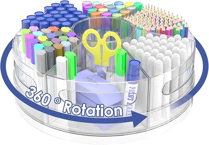 Acrylic Marker Organizer, 360 Degree Rotating Pencil Organizer with 7 Removable Compartments, Clear Crayon Organizers for Kids, Large Pencil Holder Desk for Office Home School