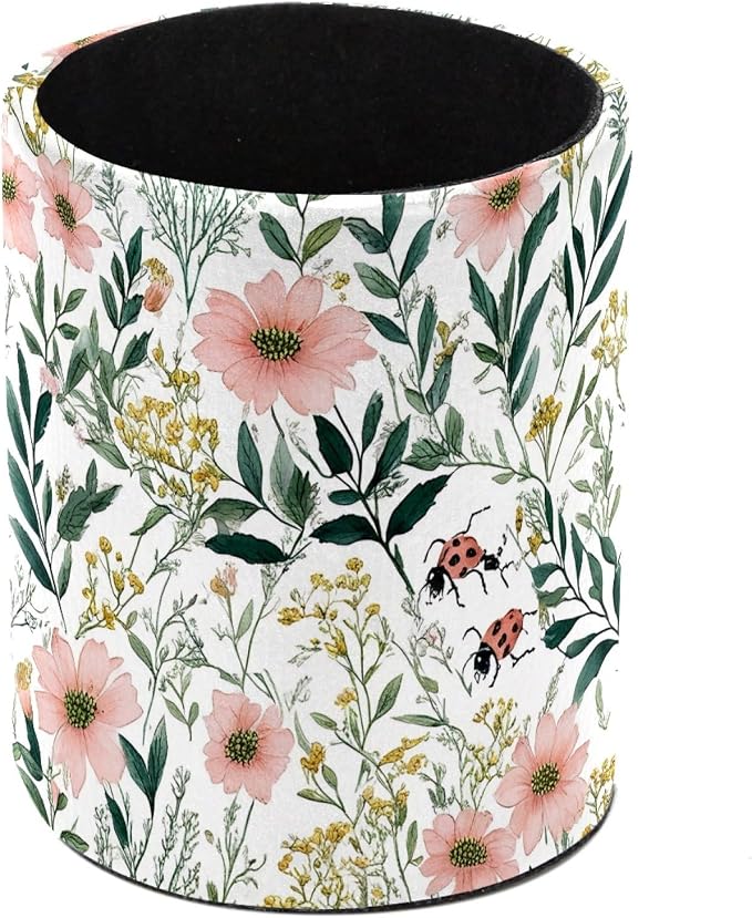 Leather Pen Holder for Desk, Pink Flower Makeup Brushes Holder Pencil Cup Multifunctional Desktop Organizer Caddy for Home School Office Desk Accessories