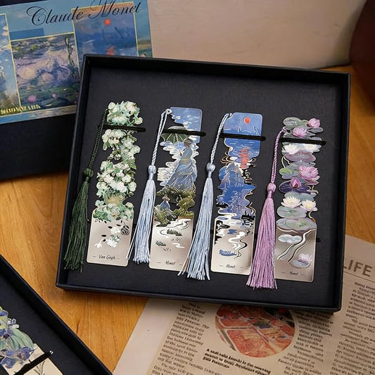 4 Pcs Metal Bookmarks with Tassel, Sliver Hollow Bookmark Oil Painting Theme Bookmark Art Bookmarks for Book Lovers Writers Readers Children Teens Men Women Adults (Gift Box)
