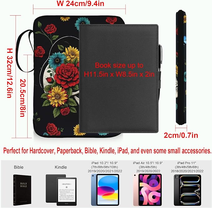 Book Sleeve for Book Lovers, Gothic Skeleton Black Cat Print Paperback Book Protector Case,PU Leather Waterproof Book Pouch with Zipper,Book Carrying Case for Hardcover,Birthday Gift for Women