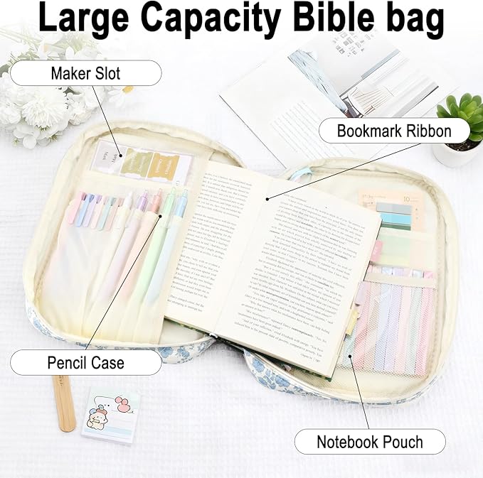 Bible Cover Case Study Supplies for Women Gifts Large Bible Cover with Highlighters Pens Tabs Cute Quilted Carrying Case Journal Kit Accessories Christian Gifts Sticky Notes A
