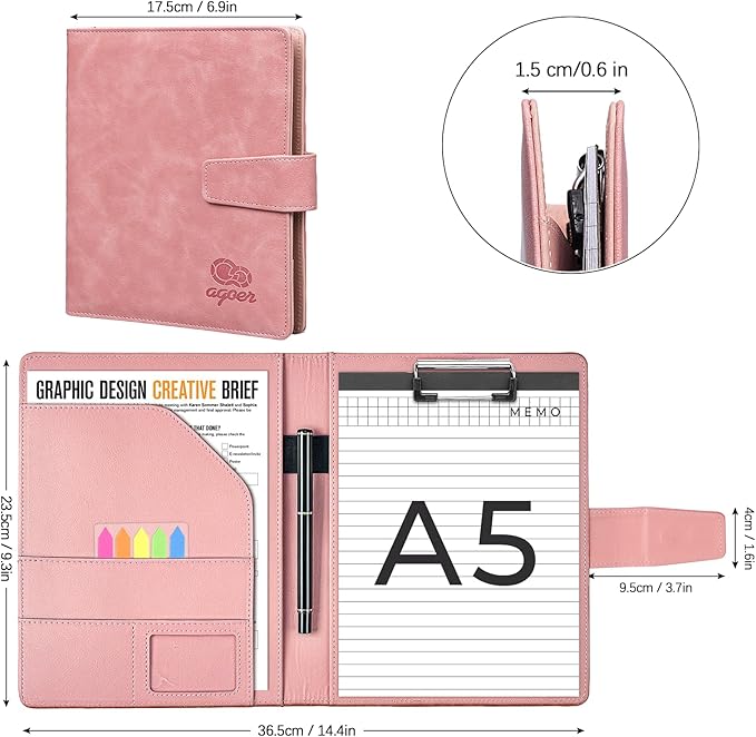 Agoer Clipboards A5 Portfolio with Cover,Interview Leather Folder with Magnetic Closure,Professional Clip Boards Padfolio with A5 Paper,Sticky Tab,Pen for Student Teacher Doctor Nurse Office,Pink