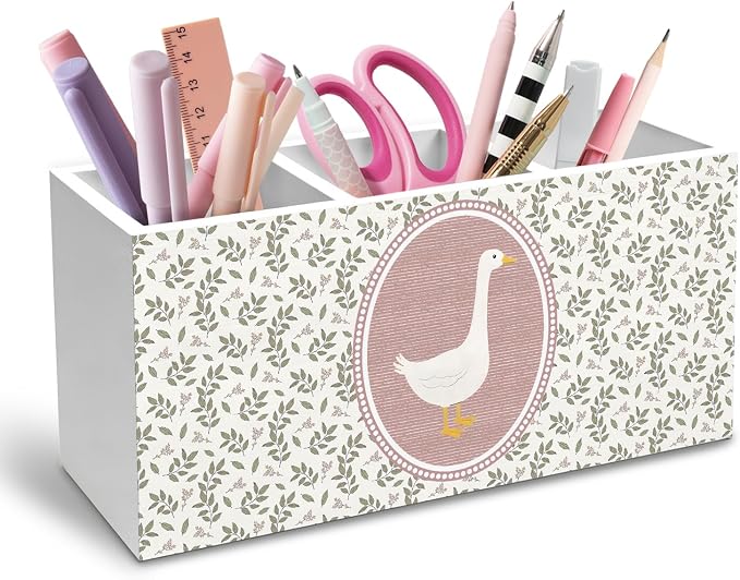 Rustic Pink Goose Plant Pen Holder for Desk, Goose Lover Gifts Pencil Organizer, Cottagecore Flower Botanical Wooden Box Sign Desk Decor for Girl Nursery Home Office Decoration