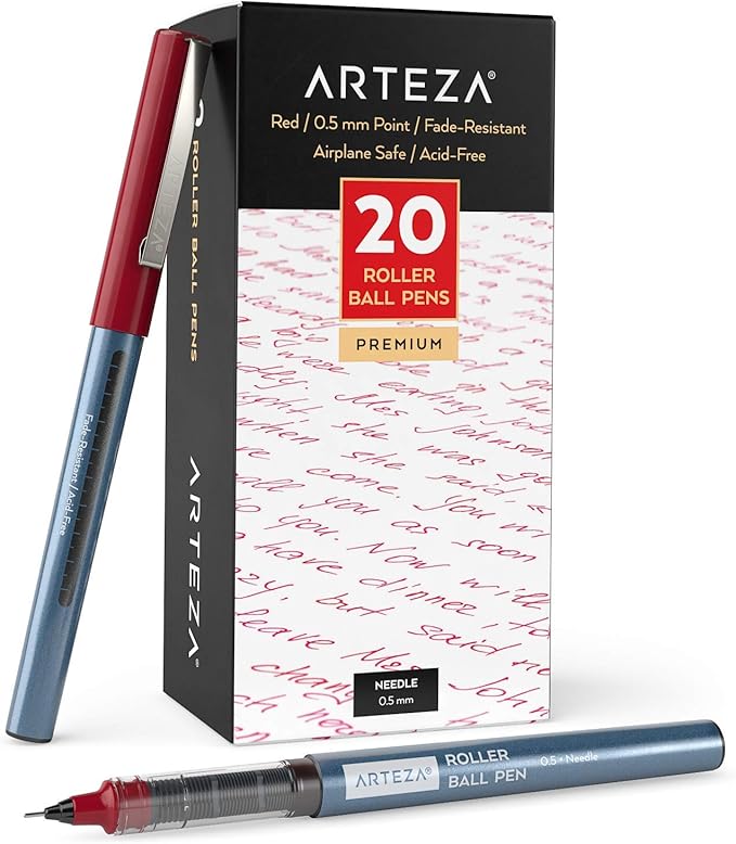 ARTEZA Rollerball Pens Fine Point, Set of 20 Red Liquid Ink, Extra Fine 0.5 mm Needle Tip Pen, Make Precise Lines
