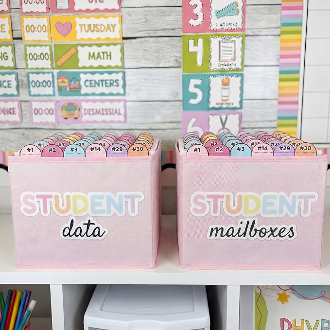 Kosiz 61 Pcs Pastel Classroom Mailbox Set Back to School Student Mailbox and Date Storage Set with Collapsible File Box 30 Hanging Files Folders 30 Index Tabs for School Classroom Teacher Must Haves