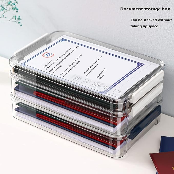 2 Pack Document Storage Clear Plastic Storage Boxes with Lids Stackable Storage Bins Paper Storage Box Containers for Organizing A4 File Paper, Document, Photo, Scrapbook