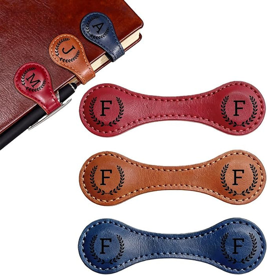 3PCS Personalized Magnetic Leather Bookmark, 26 Letters Custom Bookmarks, Customized Engraved Name Initial Book Mark for Book Lovers Readers Teachers Women Men, F