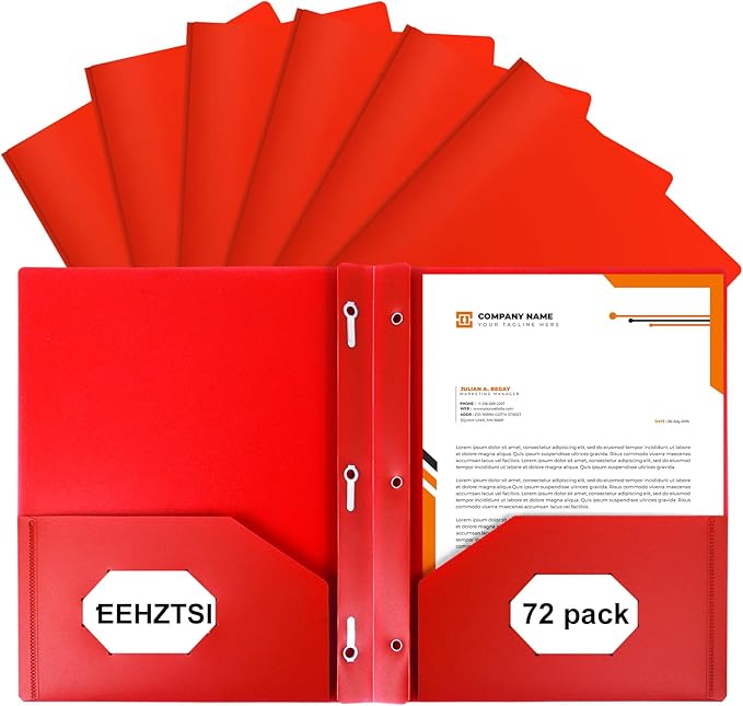 72-Pack Plastic Folders with Pockets and Prongs,2-Pocket Folders with 3 Fasteners, Holds 8-1/2" x 11" Paper for School/Office/Home, Red