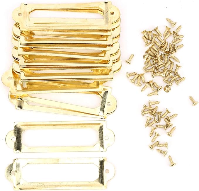 20PCS Metal Drawer Label Holders, Retro Exquisite File Cabinet Label Frames Card Tag Label Holder with Screws for Office Drawers Shelves (Yellow)
