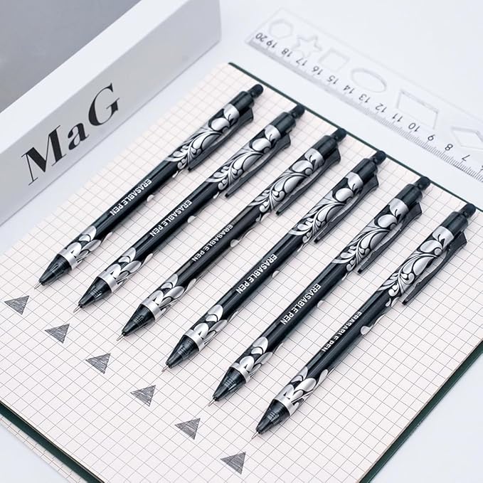 6Pcs Erasable Gel Pens Black Ink, 0.5mm Retractable Quick Dry Fine Point Pens, Smooth Writing Pens for Journaling, Coloring, Drawing, Doodling, Note Taking