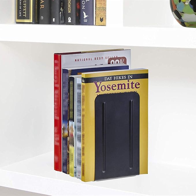 Acrimet Bookends for Shelves, Non-Skid Book Holder, Heavy Duty Book Stopper, Steel Metal Book Ends Storage for Home, Library, 6 7/8" H x 4" W x 4 1/2" D (Black) (1 Pair / 2 Pieces)