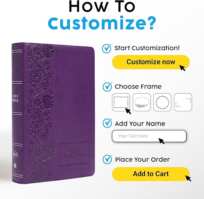 Personalized NKJV Reference Bible, Custom Name Text & Design, New King James Version, Large Print, Red Letter, Cross References, Faux Leather Purple, Baptism Confirmation Gift