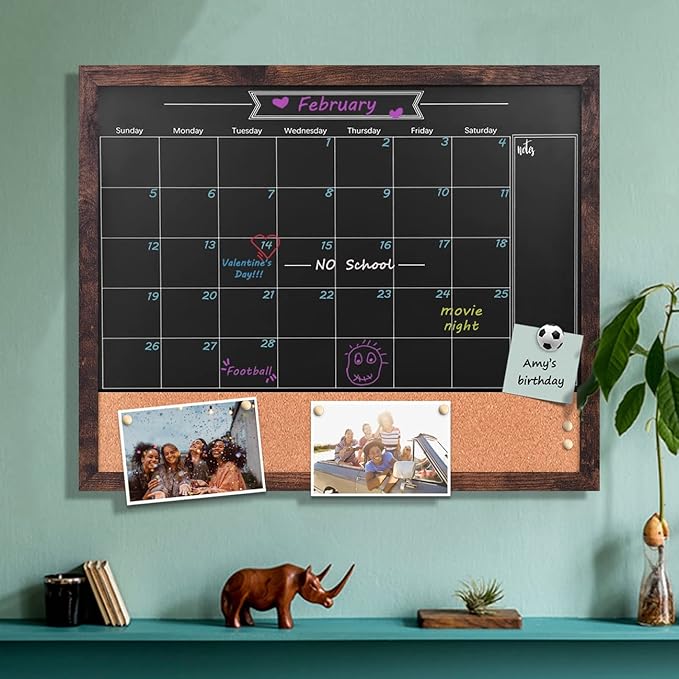TORASO Magnetic Chalkboard Calendar Corkboard, 18" x 22" Combination Chalk Board Bulletin Board, Walnut Brown Framed Blackboard Calendar Cork Combo Board(ZHHB-BN-4555)