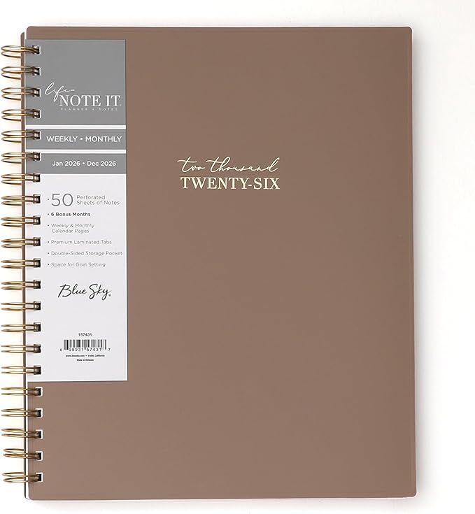 Blue Sky Life - Note it® Planning Calendar + Notes, Weekly/Monthly Layout, Safety Wirebound (Solid Latte- 2026, 8.5" x 11")