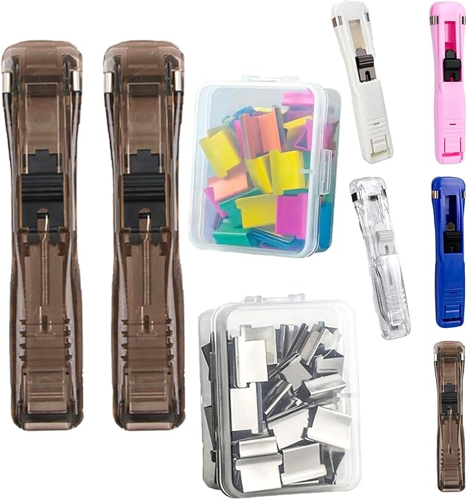 Portable Binder Clip Stapler with 100 Refill Clips,Handheld Paper Clamp Dispenser for Desktop/Document, No-Hole Binding, Home/School/Office Use (Black,B)