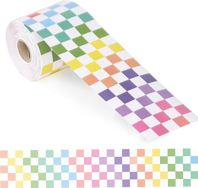 66 ft Colorful Checkered Bulletin Board Border Checkered die-Cut Border Trim Paper Cutouts roll for School Chalkboard Bulletin Board Window Wall Home Offices Party Funny Decor
