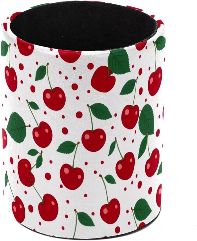 Pen Holder for Desk, Cherries Leather Desk Organizer Makeup Brushes Cup, Pen Cup Pencil Holders, Desktop Supplies and Accessories, Office&Home Organizer