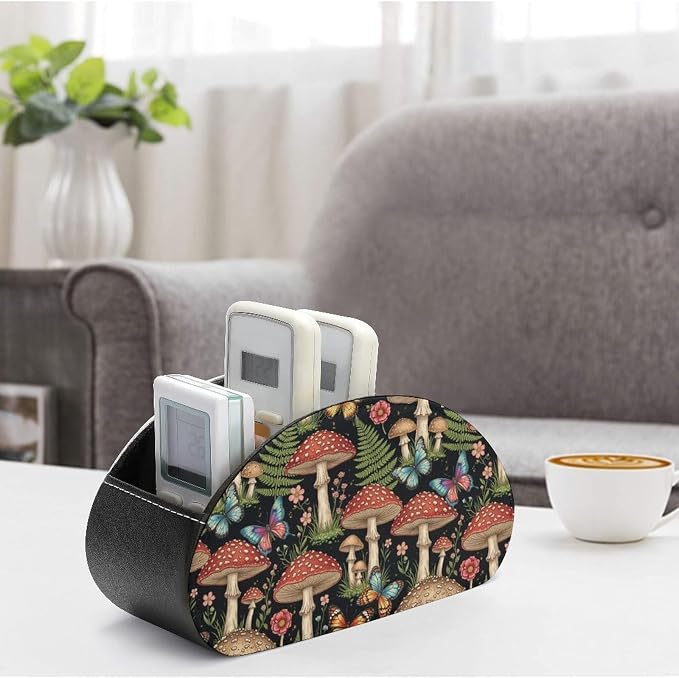 5-Compartment Remote Control Storage, PU Leather Caddy for Media Players, TV Remotes, and Desk Accessories, Mushroom Gifts