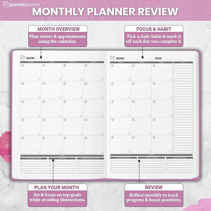 Panda Planner Mental Health Journal – 8.5” x 11" Soft Fabric Hardcover Wellness Planner with Mood Tracker & Daily Reflection Prompts – Undated 12-Month Self-Care Organizer with 3 Bookmarks (Pink)