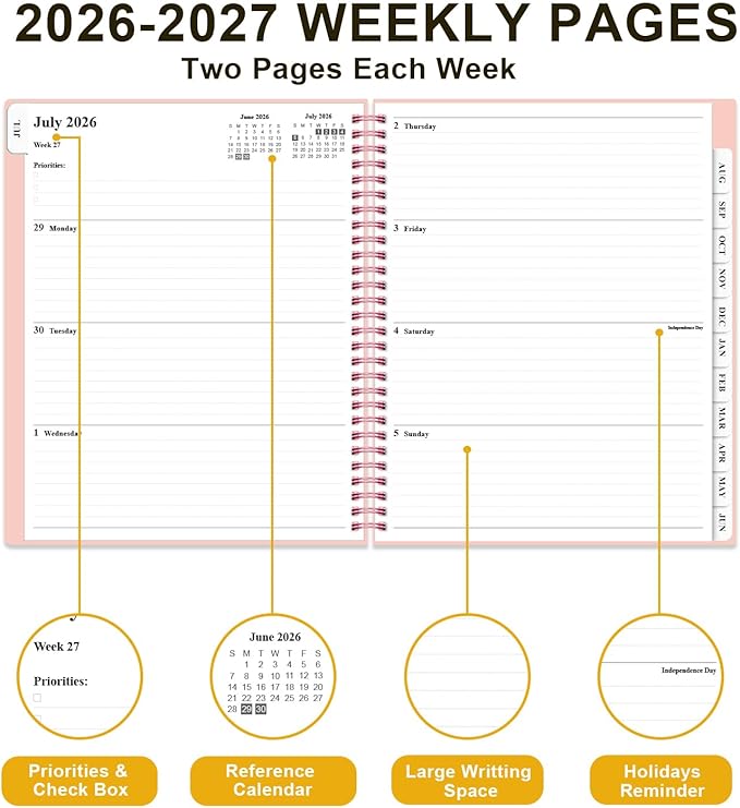 Planner 2026-2027 - Academic Planner from July 2026 to June 2027, Weekly & Monthly Planners Spiral Bound with 12-Month Tabs, Inner Pocket, 8.5" x 11", Pink
