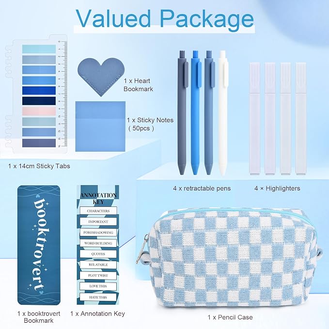 14 PCS Aesthetic Book Annotation Kit Large Checkered Pencil Case Book Lover Bookmark Dual Highlighters Gel Pens Study Supplies Stationary Set for Student Blue