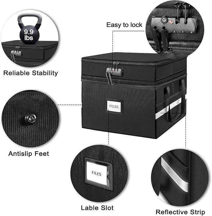 2 Layer Fireproof Document Box with Lock, File Box Water-Resistant File Organizer File Cabinet, Portable File Organizer Document Safe for Home Office Letter Legal Folder (Black)