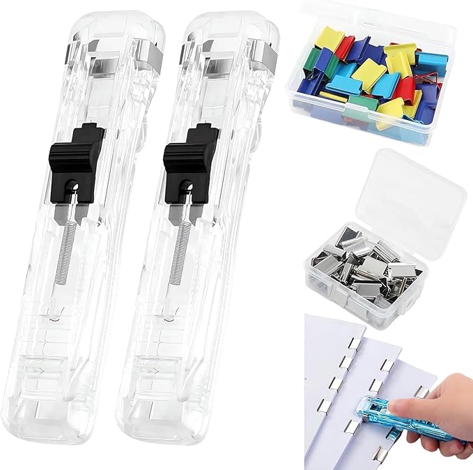 Reusable Desktop Stapler with Clip Dispenser, Refillable Office Stapler Set with 100pcs Reusable Refill Clips, Portable Desktop Push Staplers Binder Clips Paper Clamps (2PCS White)
