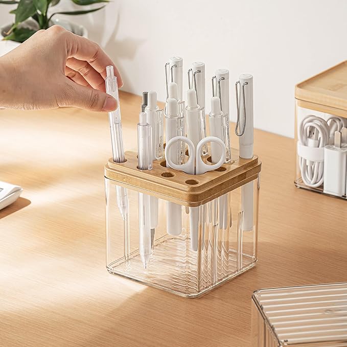 3-Pack Clear Desk Organizer Set with Lid - Stackable Pen Holder, Sticky Note, Paper Clip Storage, Office Desk Accessories for Pencils, Chargers, Cables, Art Supplies