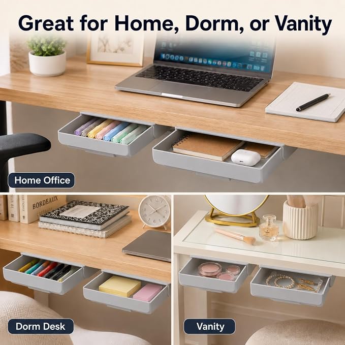 Desk Drawer Attachment, 2 Pack Pencil Organizer, Hidden Desk Organizer, Under Desk Organizer Adhesive, Pen Holder, Desk Accessories & Workspace Organizers, Pen Drawers, Drawer Tray Storage Desktop