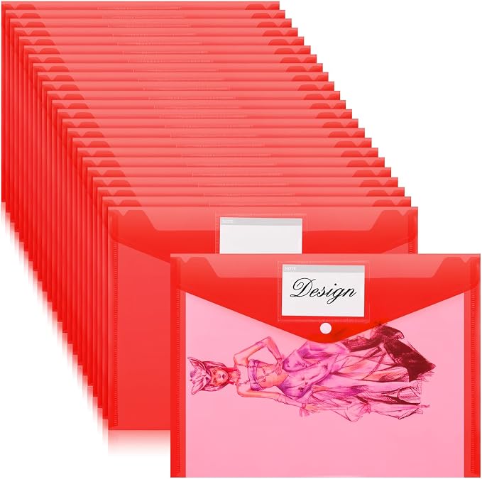 Lincia Plastic Envelopes A4 Size Poly Envelopes File Folders Work Document Holder Office Paper Plastic File Organizer with Label Pocket Snap Button Home Bag for School(Clear Red,24 Pcs)