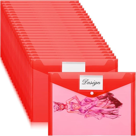 Lincia Plastic Envelopes A4 Size Poly Envelopes File Folders Work Document Holder Office Paper Plastic File Organizer with Label Pocket Snap Button Home Bag for School(Clear Red,24 Pcs)