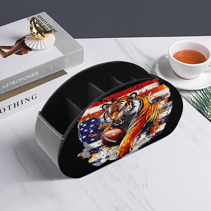 Tiger American Flag Remote Control Holder with 5 Compartment PU Leather Multi Functional Desk Storage for TV Remotes Office Supplies