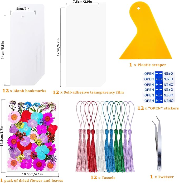 Cardstock Blank Bookmarks Set, 12 Pcs DIY White Craft Bookmarks for Pressed Flowers, Dried Floral Book Mark Making Kit with Pressed Flowers, Tassels, Book Marks for Dried Floral (Elegant Style)
