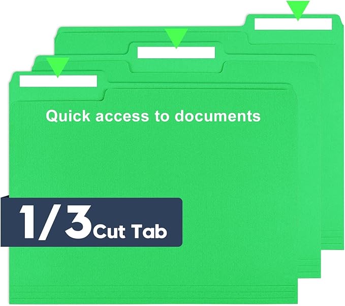 File Folders,150 Pack Letter Size Colored File Folders,8.5" x 11",1/3 Cut Tab,Durable Paper Bulk Folders with Blank Labels,File Folders for Office Business School Home Use,Grass Green