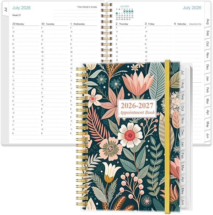 2026-2027 Appointment Book & Planner - 2026-2027 Daily Hourly Planner from July 2026 - June 2027, Weekly Appointment Book with 30-Minute Interval, Medium 6.4" x 8.5", Flower-B