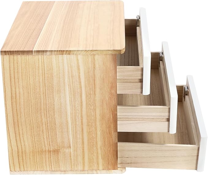 Lockable Desk Organizer Wooden Desktop Drawers Office Flat Files Storage Box Locking Countertop Storage Cabinet (Wood Color + White, 3-Tier)