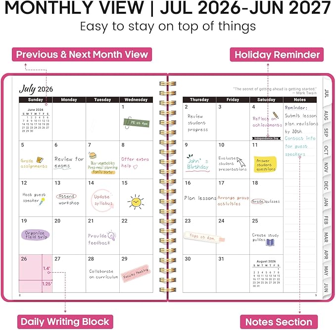 Academic Planner 2026-2027, Weekly and Monthly Calendar Planner Book, July 2026 – June 2027, Hardcover Organizer with Tabs, Perfect for Teachers, Students, Women & Men, A5 (6.4" x 8.5") - Hot Pink