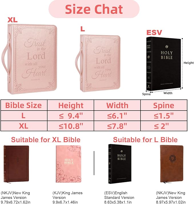 Large Bible Cover Case for Men Women, Mens Bible Covers Cases Leather Bible Cover Carrying Case for Women Men with Handle Zippered Bible Book Cover Holder Bag Case(Rose Gold, L)
