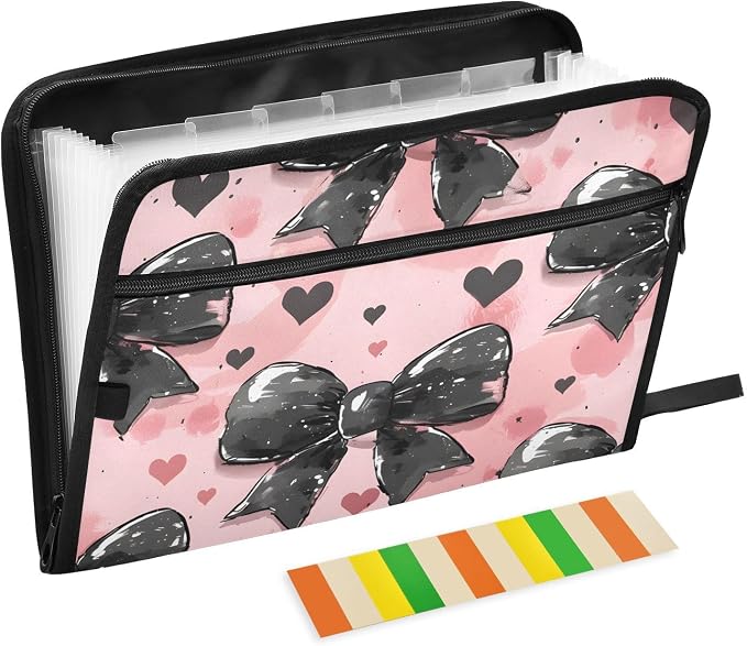 Expanding File Folder Black Bow Heart Pink Accordion File Organizer 13 Pockets Document Organizer with Zipper Labels A4 Letter Office Storage