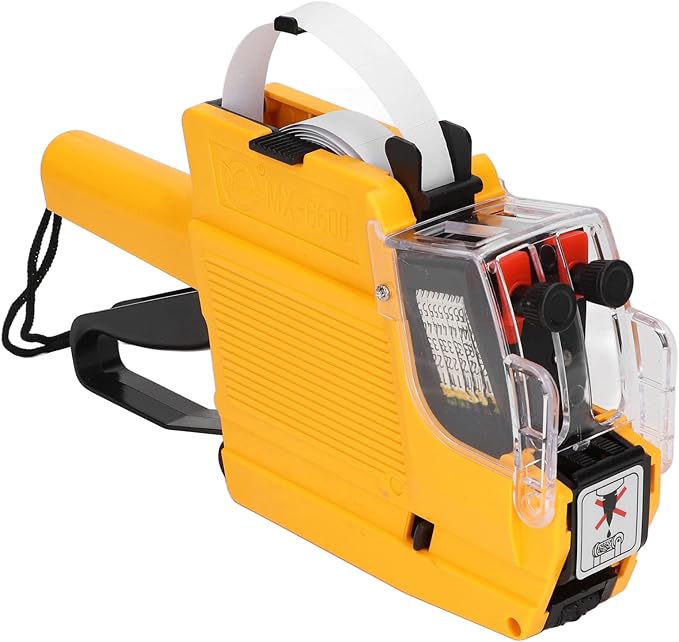 Price Tag Gun, 10 Digits 2 Lines Labeler Marker Attacher Tool for Office Retail Store 2 Row Price Tag Gun Kit with Label Stickers and Ink Rolls (Yellow)