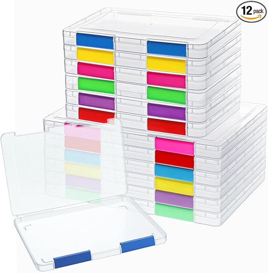 12 Pack Board Game Storage Containers Clear A4 A5 File Box with Labels Multicolor Document Plastic Storage Box Sticker Art Supplies Organizers for Office Home School Supplies(2 Sizes)