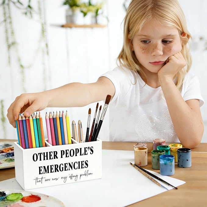 Funny Pen Pencil Holder for Desk, Office Humor Gifts for Coworkers Employees Women Men, Other People's Emergencies Wooden Box Sign Decorations for Home Office Workplace Desk Tabletop
