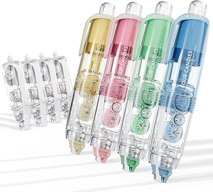 Four Candies 4PCS Refillable Retractable White Correction Tape, Colorful Aesthetic Pen Shaped Quick Dry Smooth Instant Applicator with 4 Extra Refills for Students School Office Supplies