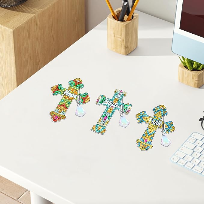 Cross Diamond Art Bookmark Kit: 8 Pcs Christian Bookmarks with Pendant, Spiritual Diamond Painting Book Mark Gifts for Reading Lovers DIY Crafts