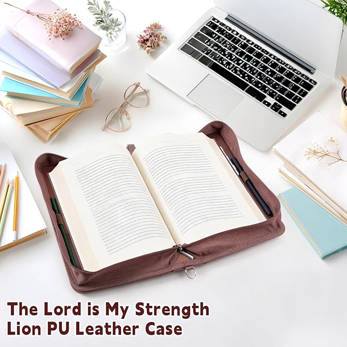 19PCS The Lord is My Strength Lion Leather Bible Cover for Men Bible Cover Cases for Mens Christian Gift Carrying Bag Journaling Kit with Shoulder Strap Highlighter Pens & Book Marker Study Supplies