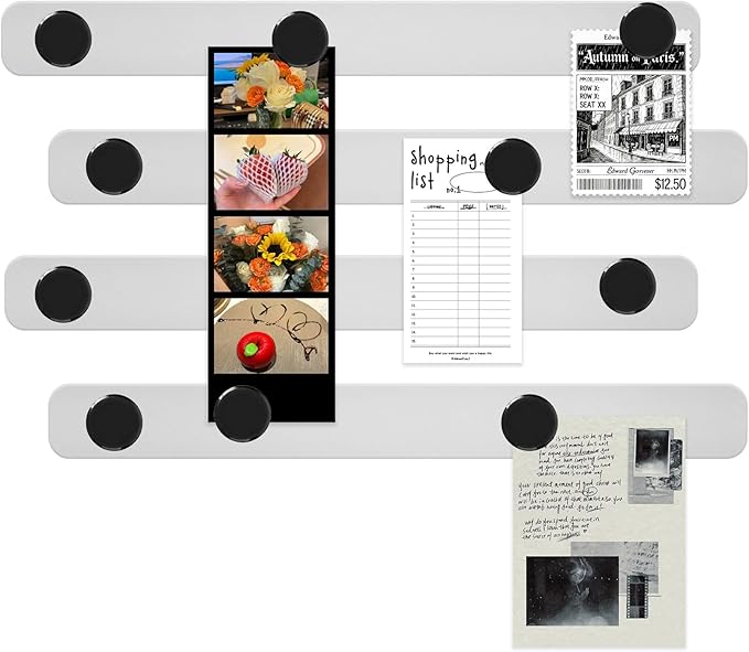 Magnetic Board - 4Pcs Magnet Bulletin Board, Frameless Stainless Iron Magnetic Strips with Adhesive Backing, Magnet Memo Board Bar, Includes 10 Black Magnets for Office, Home, Kitchen, School