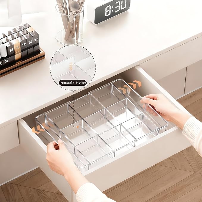Acrylic Expandable Desk Drawer Organizer with 11 Adjustable Compartments and 6 Removable Dividers Desk Accessories for Office Kitchen Bathroom Makeup and Utensil Junk Storage (Clear, 1Pc)