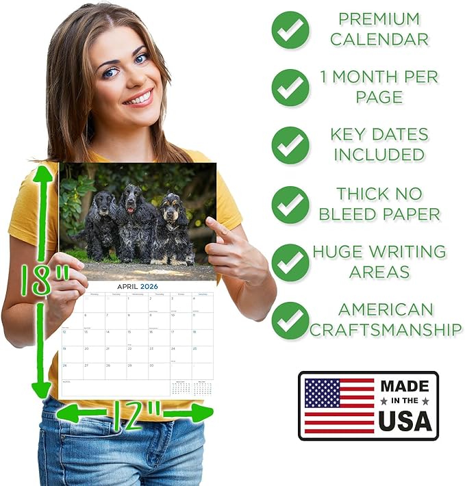 2025 2026 English Cocker Spaniel Calendar - Dog Breed Monthly Wall Calendar - 12" x 18" Open - Thick No-Bleed Paper - Giftable - Academic Teacher's Planner Calendar Organizing & Planning - Made in USA