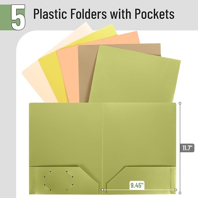 Mr. Pen- Plastic Folders with Pockets, 5 pcs, Aesthetic File Folder with Business Card Slot, 2-Pocket Folder, Back to School, Office, Filing Supplies